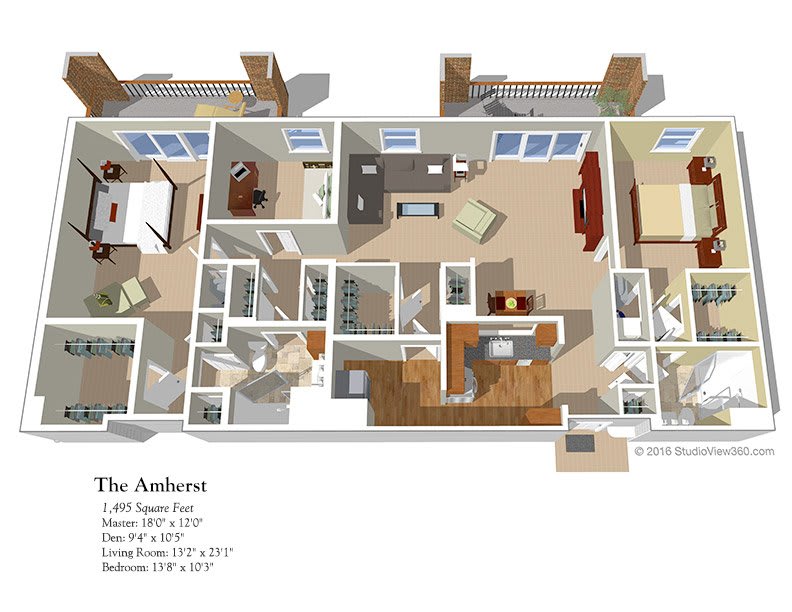 3D floor plan of an apartment with two bedrooms, a kitchen, living room, and bathrooms.