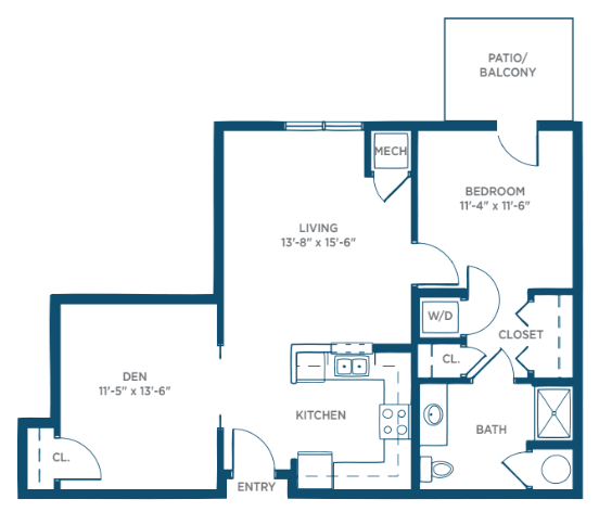 A floor plan of an apartment featuring a living room, kitchen, bathroom, one bedroom, den, and patio balcony.