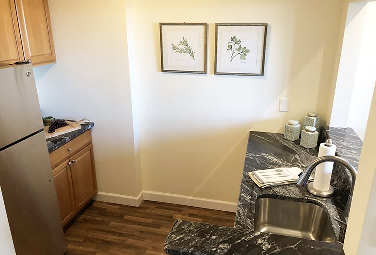 A kitchen corner featuring wooden cabinets, a marble countertop, and decorative artwork on the wall.