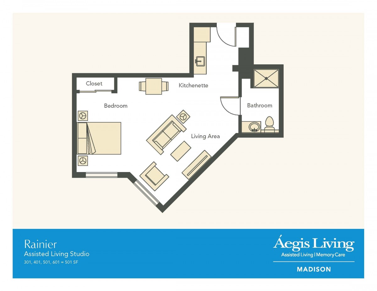 Floor plan of a one-bedroom apartment with living room, kitchen, and bathroom.