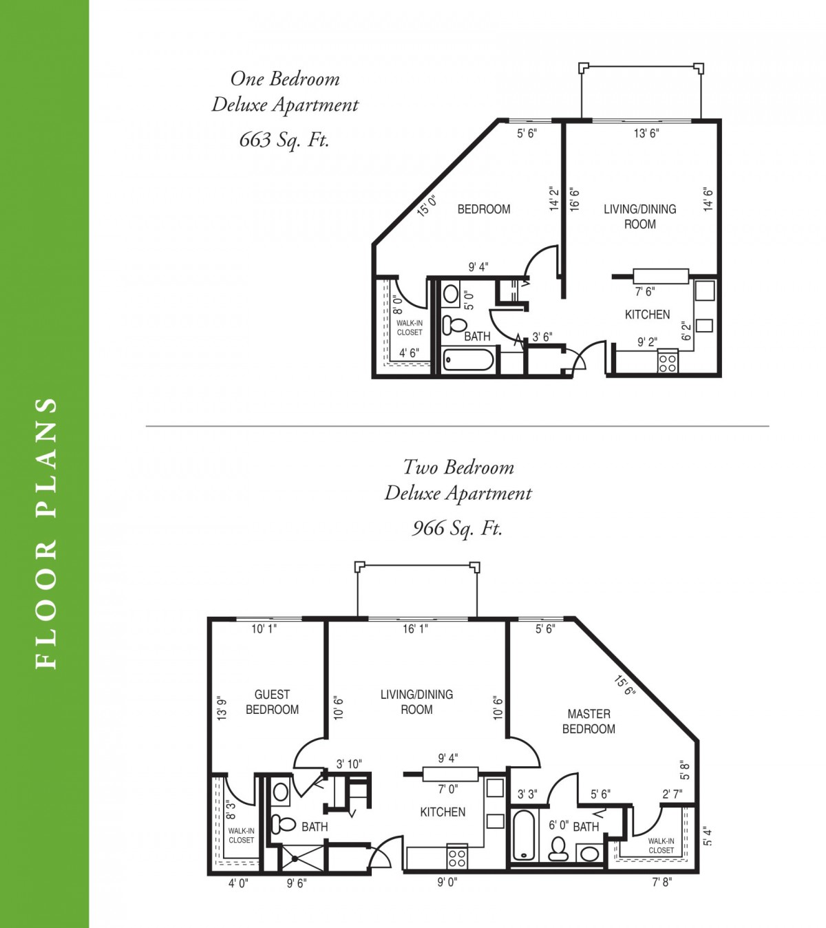 Floor plans for one and two bedroom deluxe apartments.