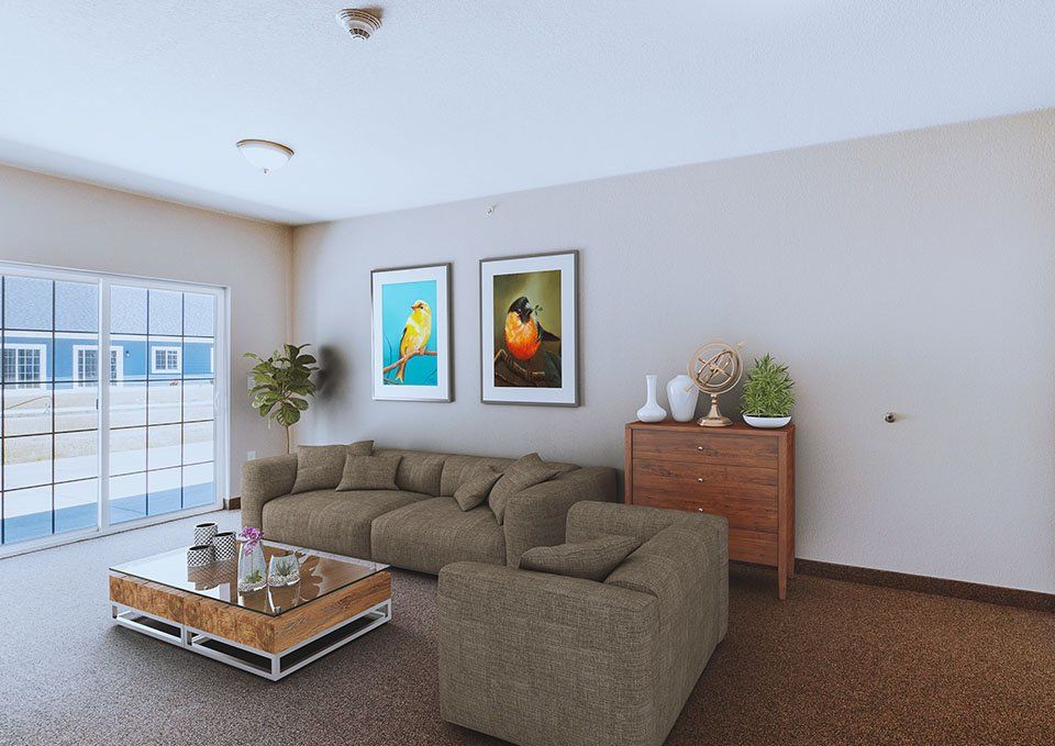 A cozy living room with a comfortable sofa, decorative artwork, and indoor plants.