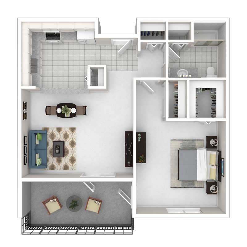 A detailed floor plan of a one-bedroom apartment with a living room, kitchen, bathroom, and balcony.