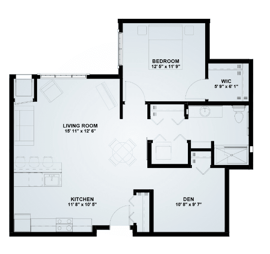 A floor plan displaying the layout of an apartment with labeled rooms, including a living room, kitchen, bedroom, and bathroom.