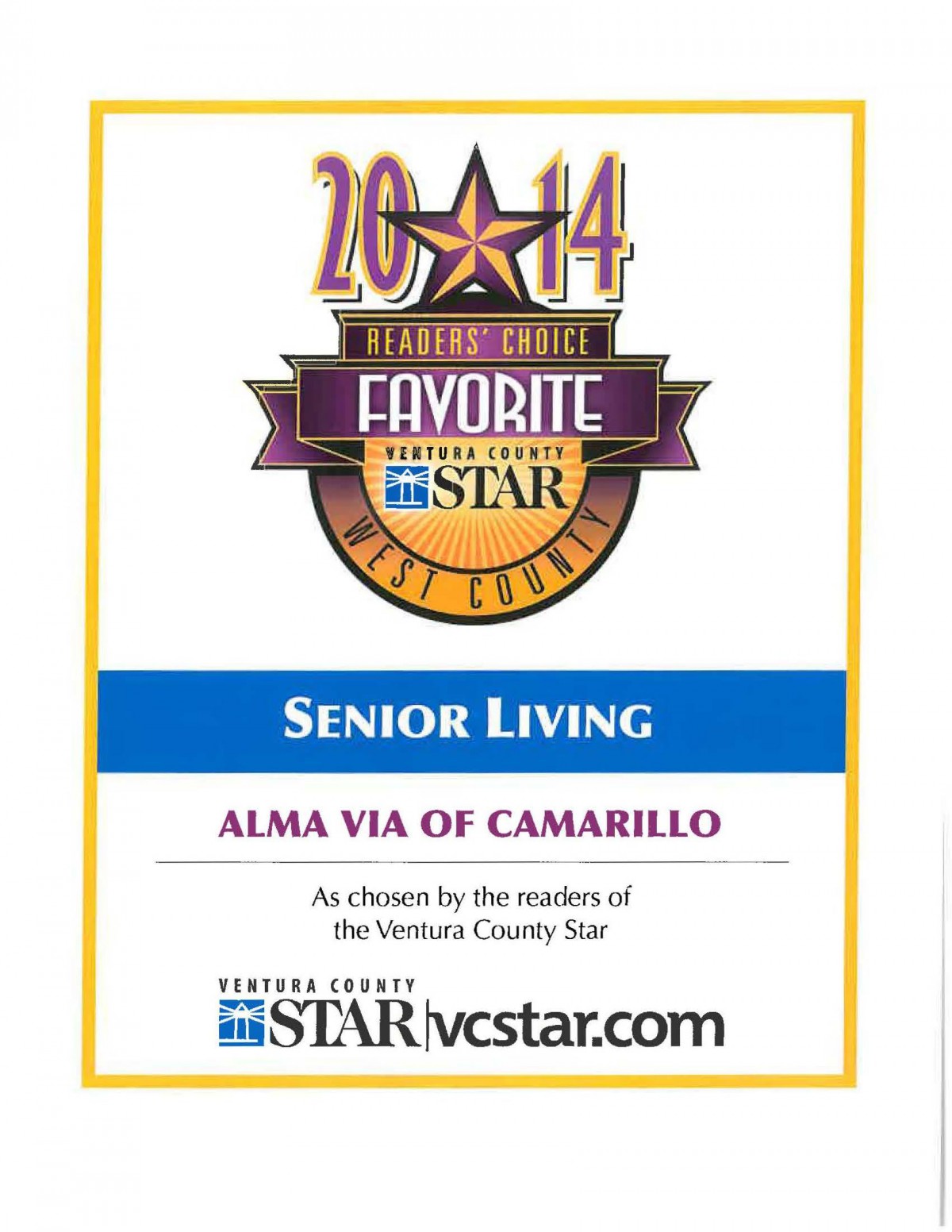 Alma Via of Camarillo recognized as a favorite for senior living by Ventura County Star in 2014.