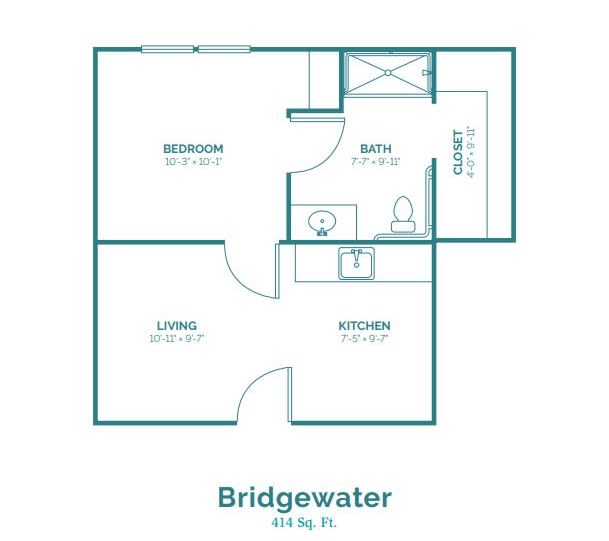 Bridgewater floor plan with one bedroom, living area, kitchen, and bathroom.