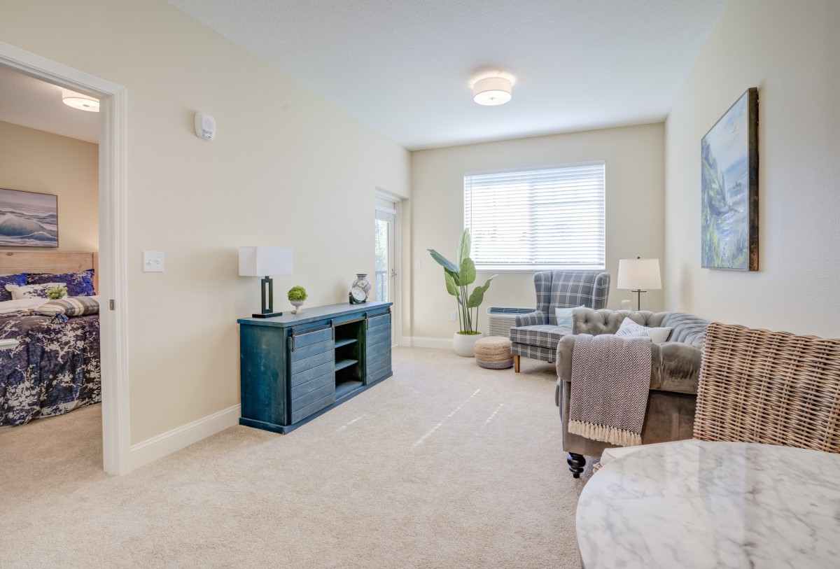 A modern and minimalist living room featuring a sofa, stylish decor, and ample natural light.