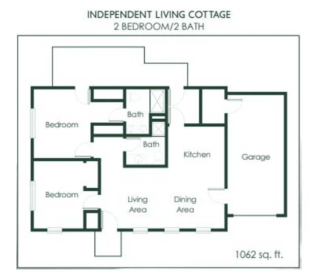 Floor plan of an independent living cottage with 2 bedrooms and 2 baths, totaling 1090 sq. ft.