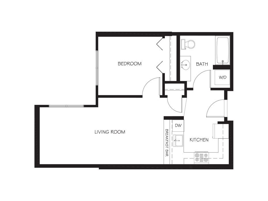 A floor plan of a one-bedroom apartment featuring a living room, kitchen, bathroom, and bedroom.