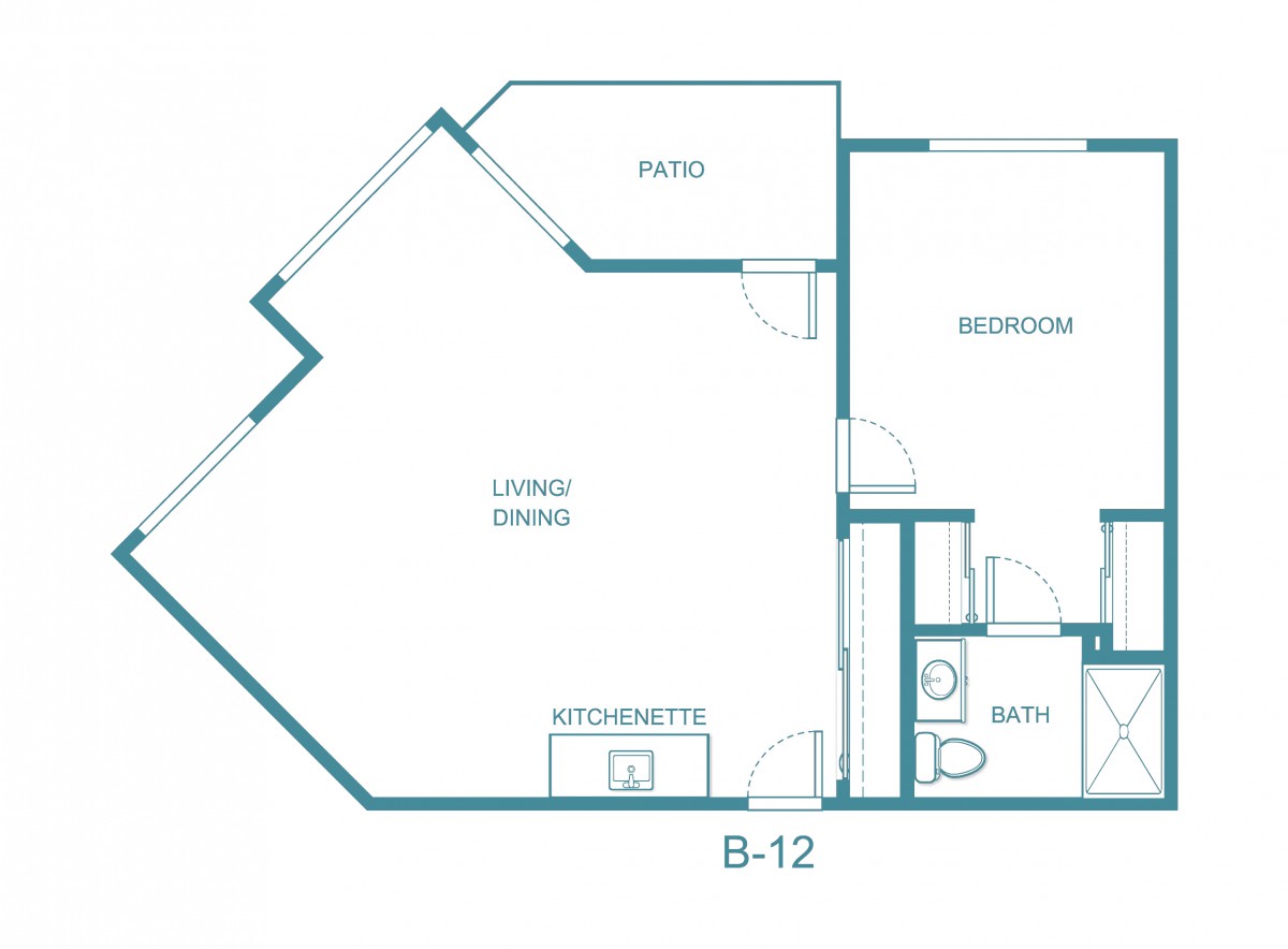 This is a floor plan of an apartment, featuring a living room, kitchen, bedroom, bathroom, and patio.