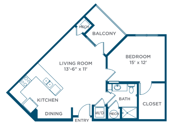One-bedroom apartment floor plan with living room, kitchen, bathroom, and balcony.
