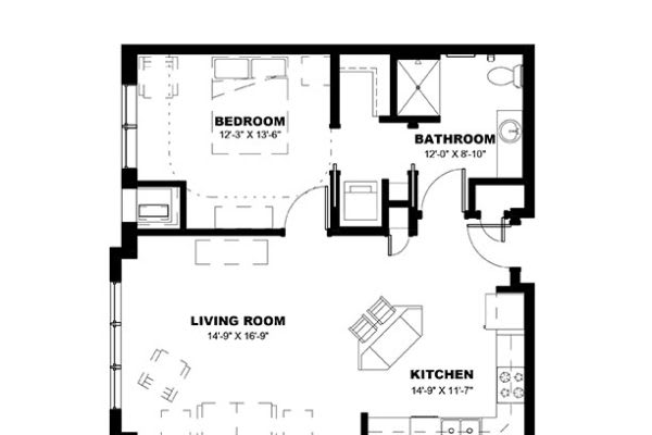 A black and white floor plan of an apartment featuring a bedroom, bathroom, living room, and kitchen.