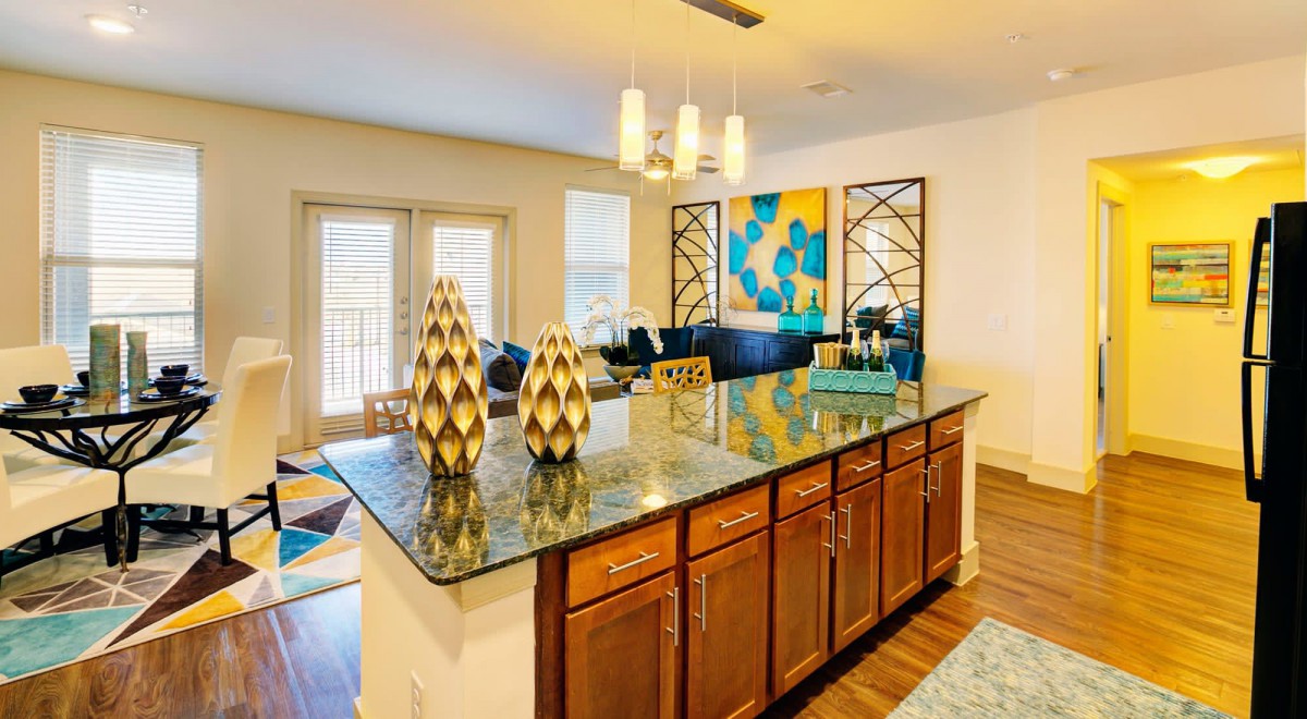 A modern open-space kitchen with wood cabinets and a granite countertop, featuring decorative objects and contemporary art in the living area.