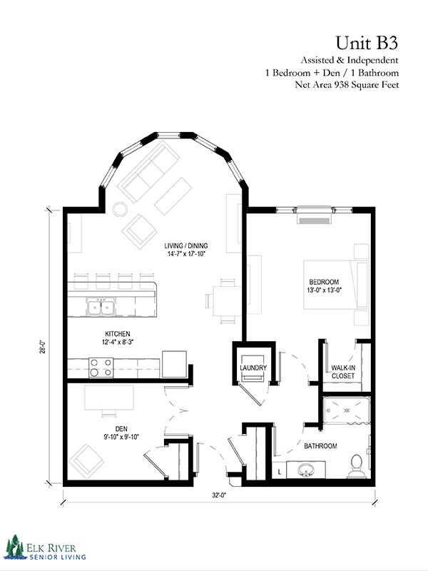 A detailed floor plan of a two-bedroom apartment featuring a living room, dining area, kitchen, and two bathrooms.