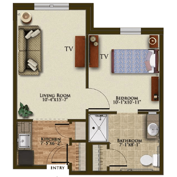 A one-bedroom apartment floor plan showing a living room, kitchen, bedroom, and bathroom layout.