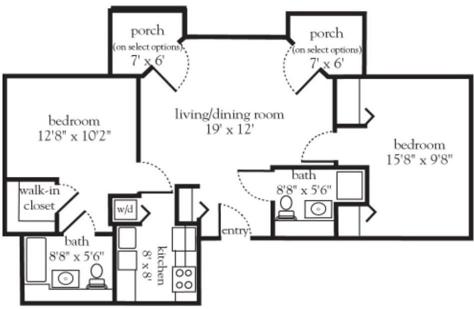 Detailed floor plan of a two-bedroom apartment with porches, a living/dining room, kitchen, and bathrooms.