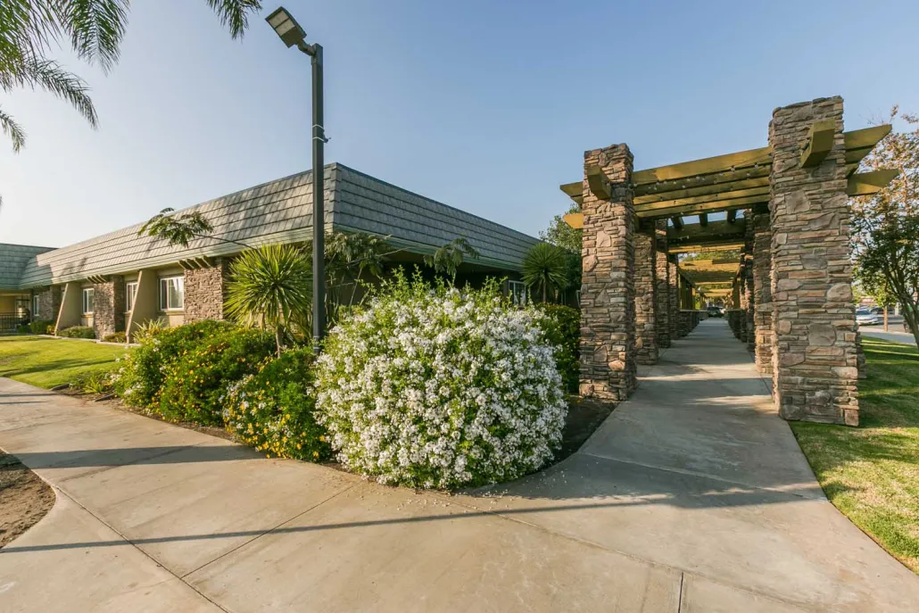 A modern building with a landscaped garden and a pathway featuring a pergola.