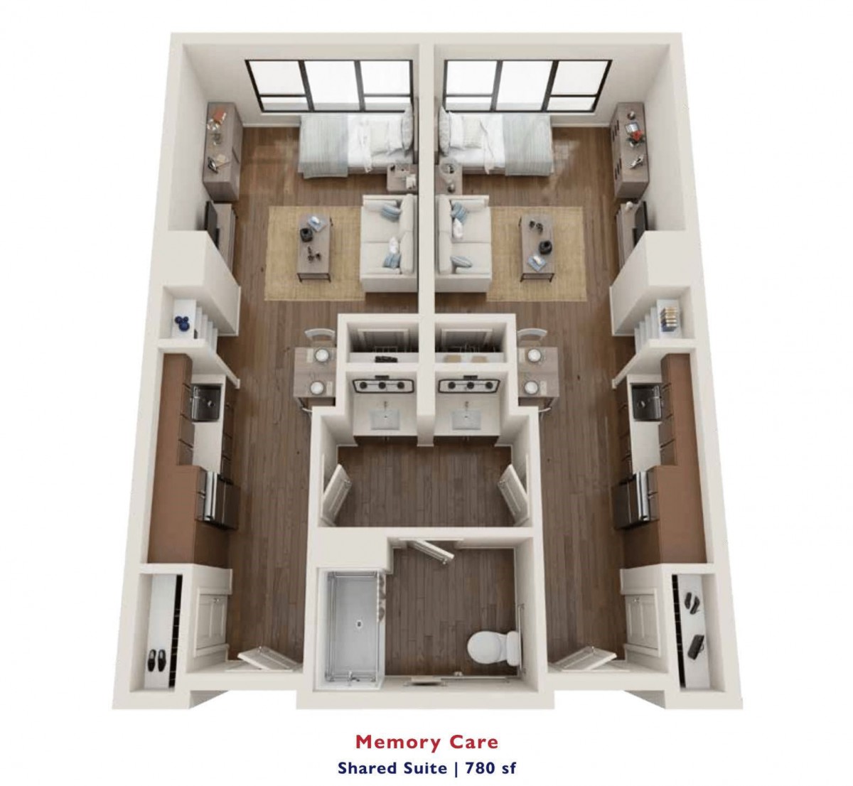 A detailed floor plan of a memory care shared suite, measuring 380 square feet.