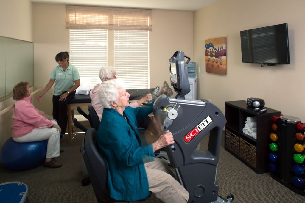 Seniors using exercise machines in a fitness room.