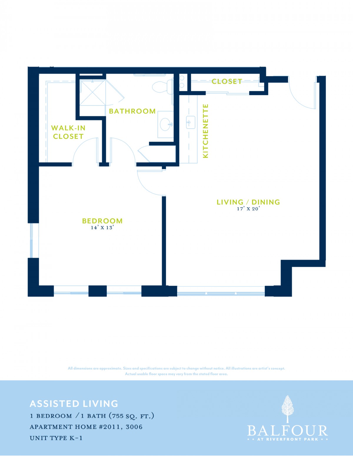 A floor plan of a one-bedroom apartment layout.