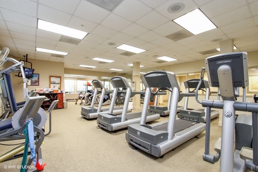 A spacious gym with multiple treadmills lined up for use.