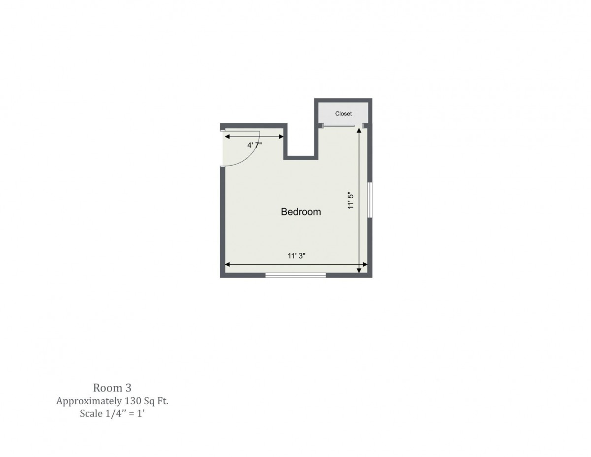 A floor plan layout of a bedroom with dimensions and door placements.