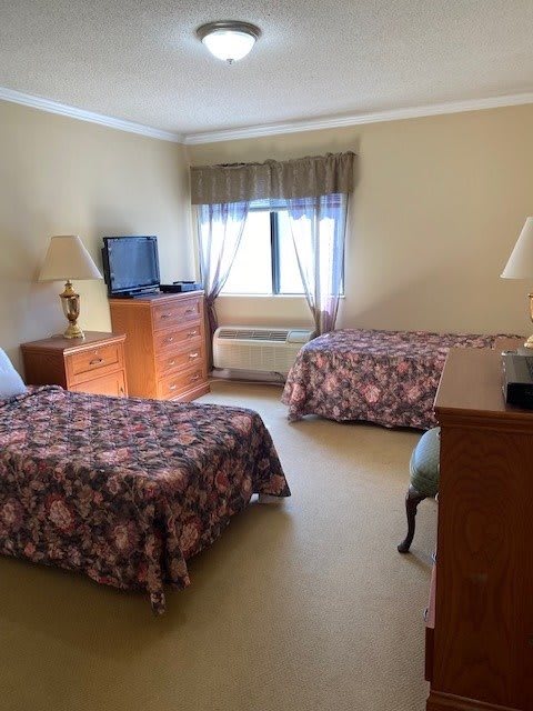 A hotel room with two single beds, a television on a dresser, and a window.