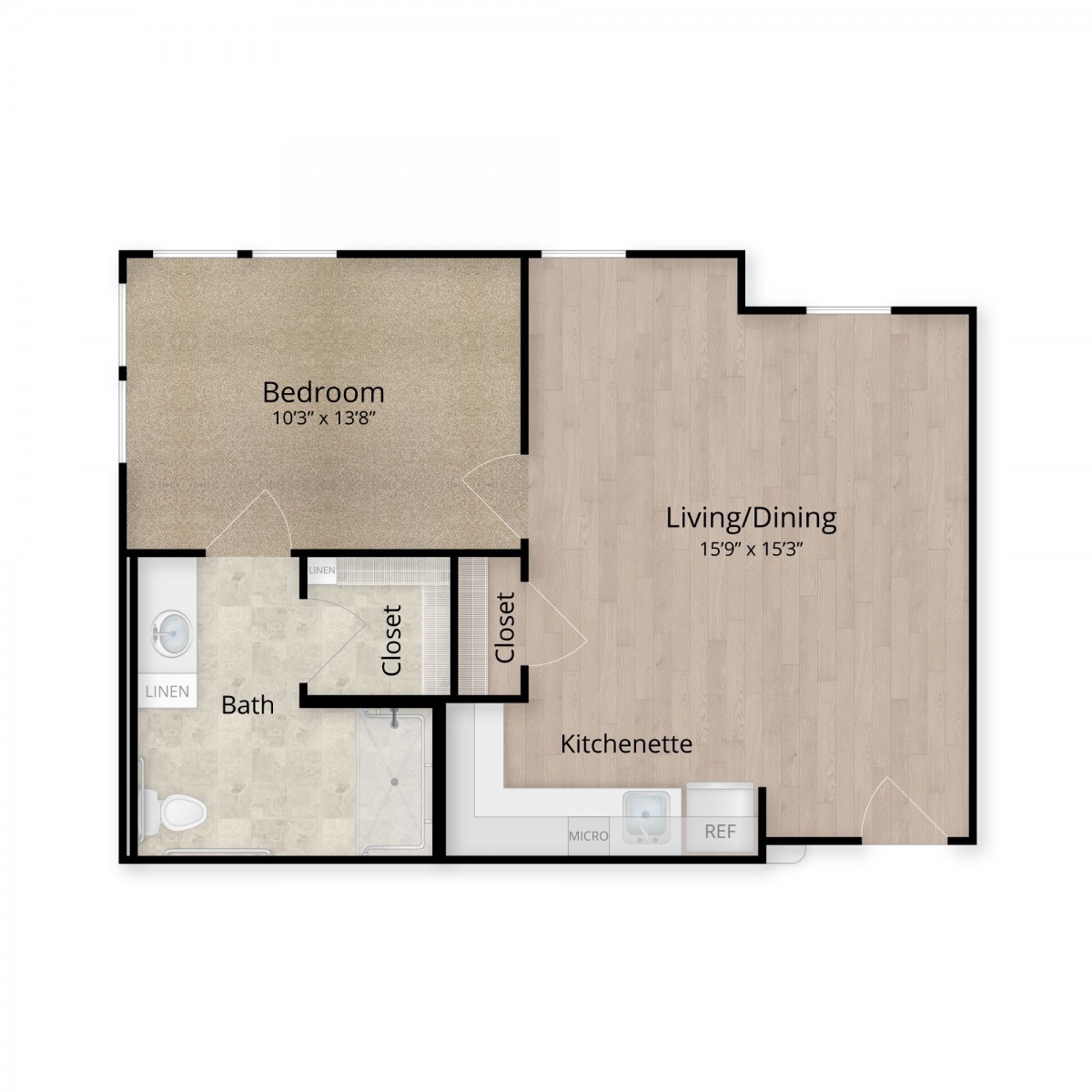 Floor plan of a one-bedroom apartment with designated living/dining area, kitchen, and bathroom.