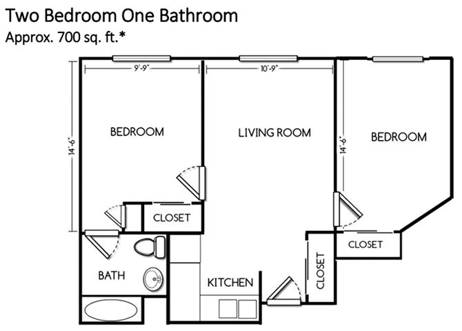 Two-bedroom, one-bathroom apartment floor plan.