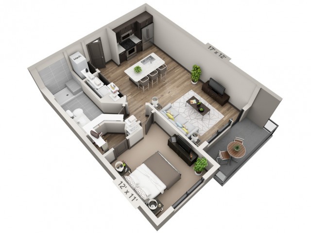 This image depicts a modern one-bedroom apartment floor plan featuring an open-concept living room and kitchen.