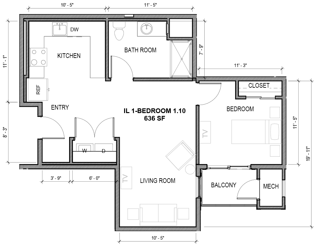A detailed floor plan layout showing various rooms and their designated areas.