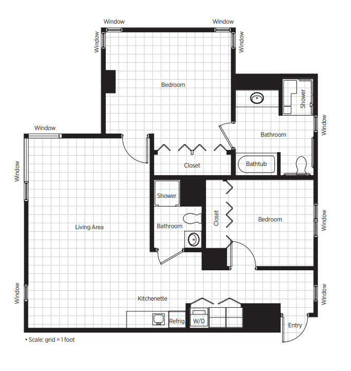 A floor plan depicting a one-bedroom apartment with an open living and dining area, kitchen, bedroom, and bathroom.