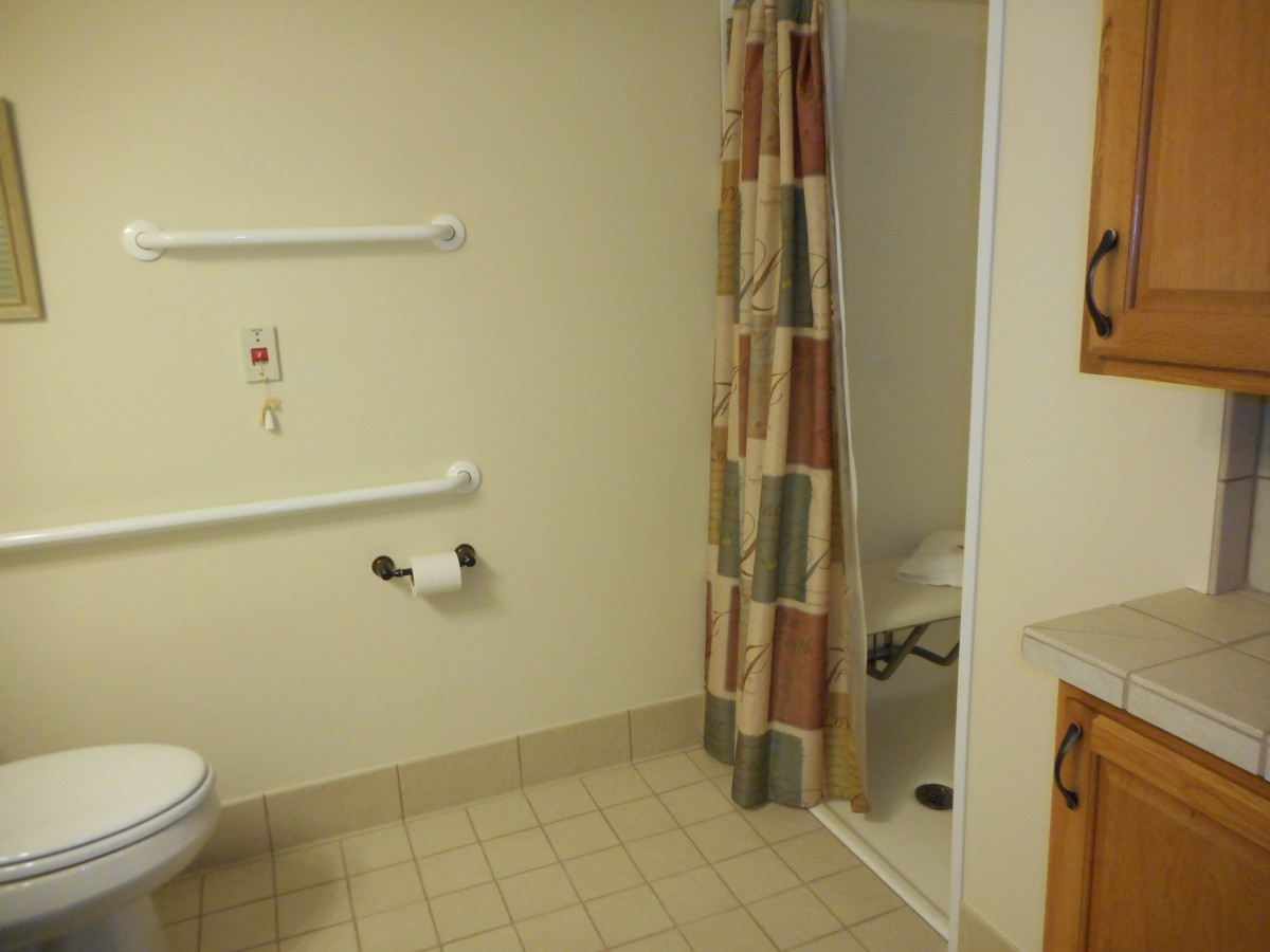 An accessible bathroom with grab bars and a shower curtain.