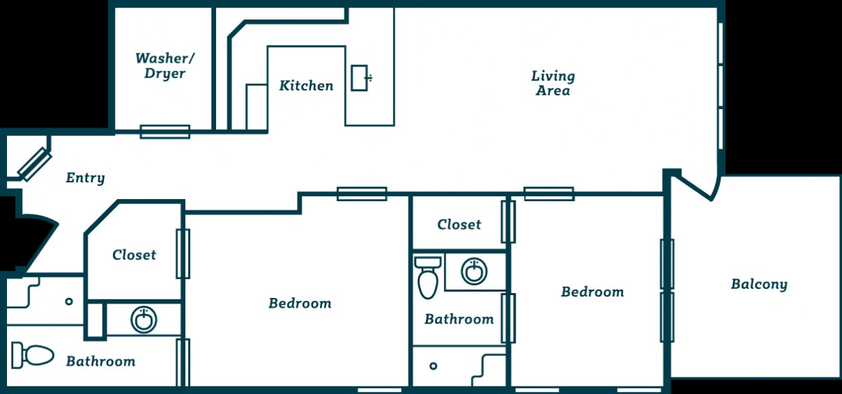 A floor plan illustration of a two-bedroom apartment including a kitchen, living area, bathroom, and closet.