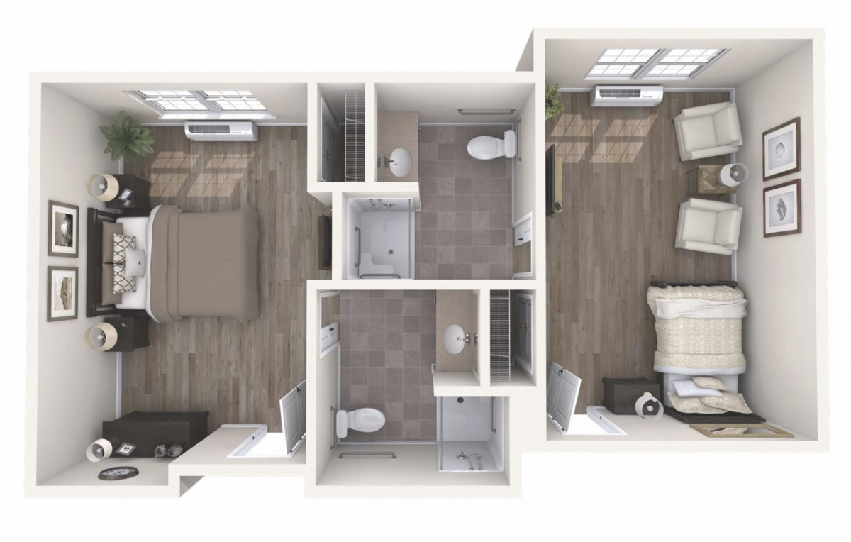 A top-down view of a two-bedroom apartment floor plan, including living spaces and bathrooms.