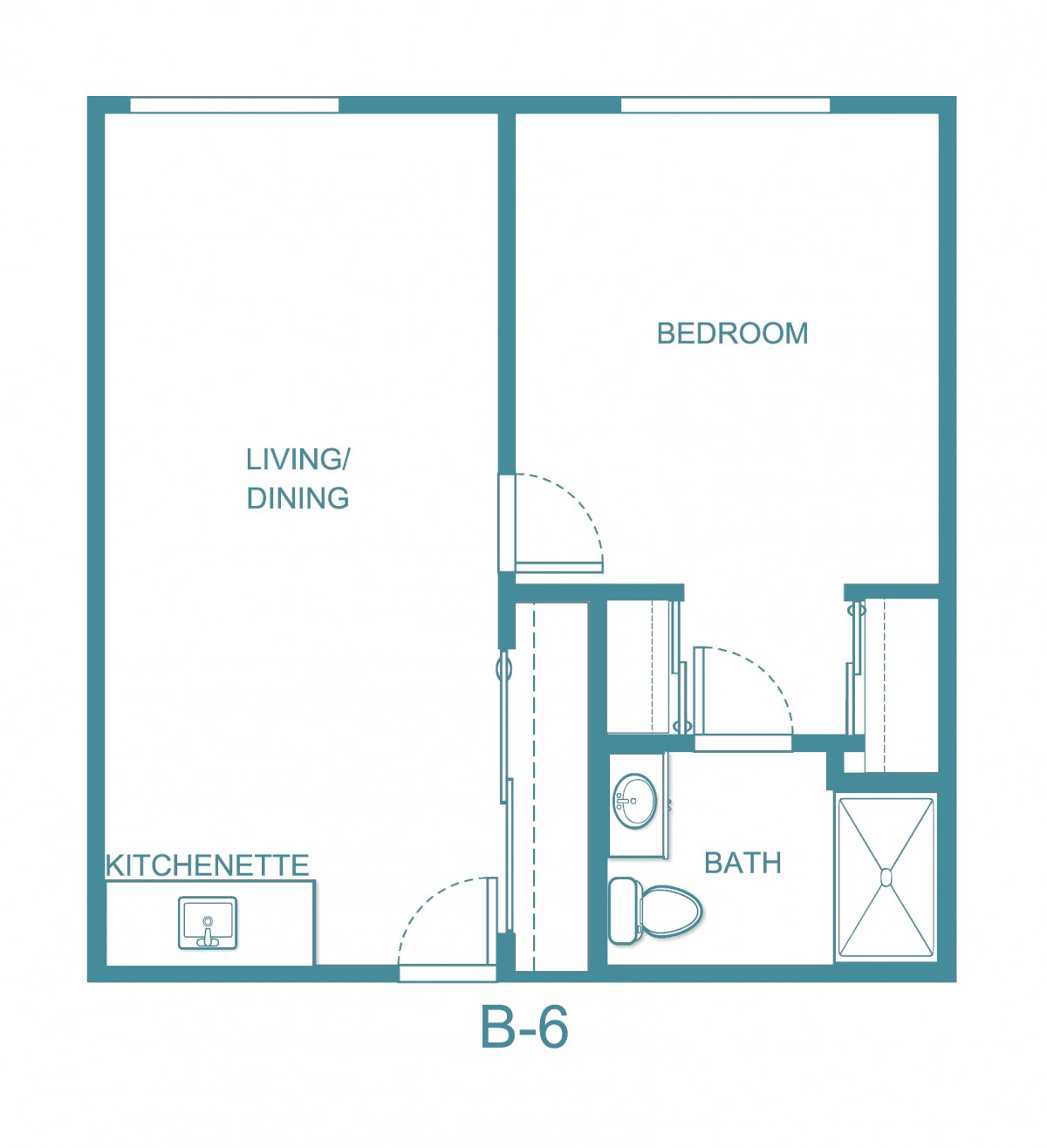 A simple one-bedroom apartment floor plan with a living/dining area, kitchen, bathroom, and bedroom.
