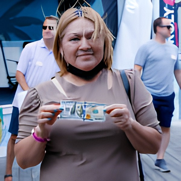 A woman holding a $100 bill in a crowded outdoor setting.