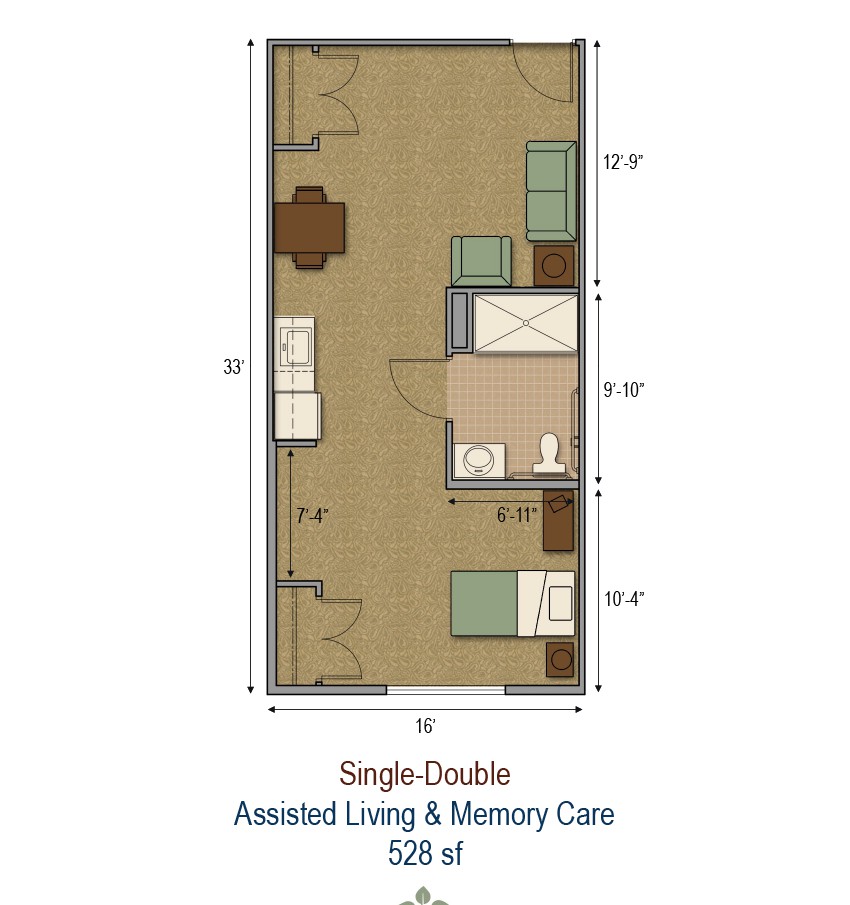 Floor plan of a single-double room for assisted living and memory care, covering 305 square feet.