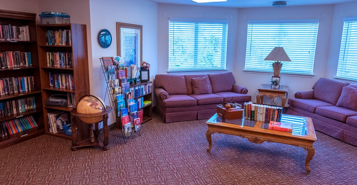 Cozy living room with a sofa, coffee table, and bookshelves.