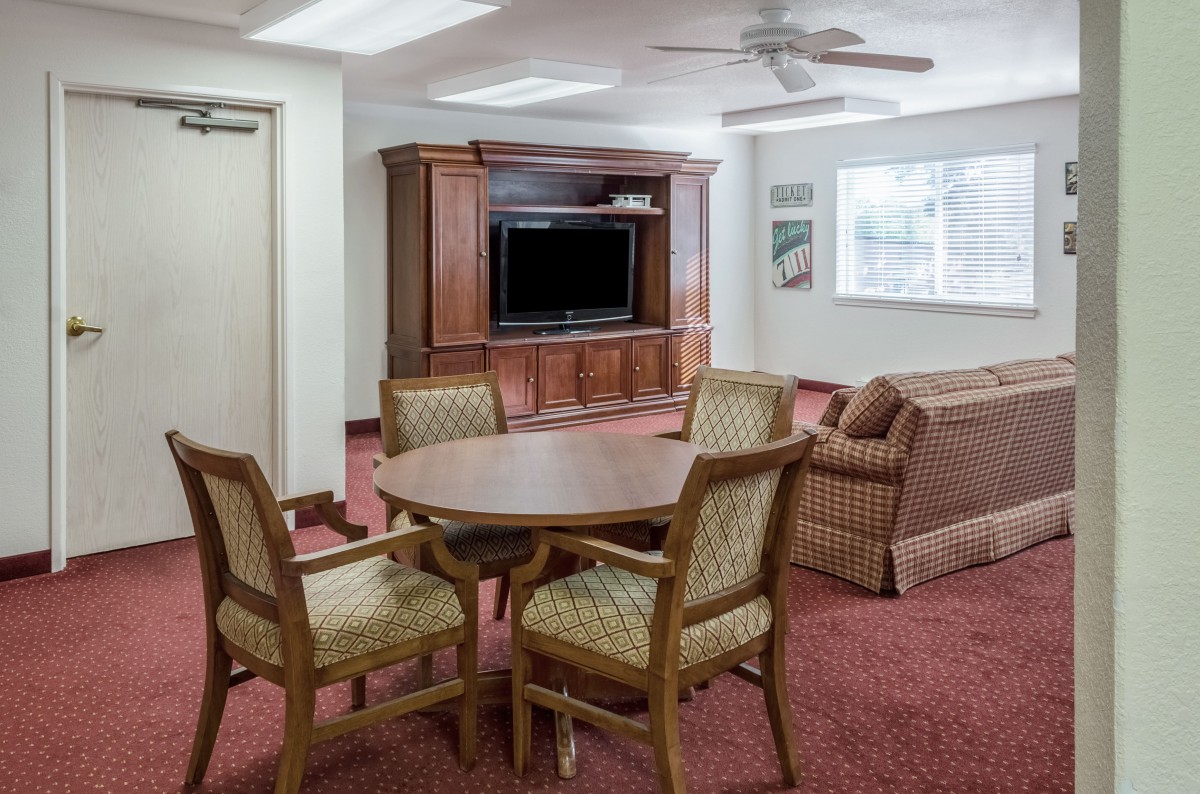 A cozy living room with a television, sofa, and dining table set on a red carpeted floor.