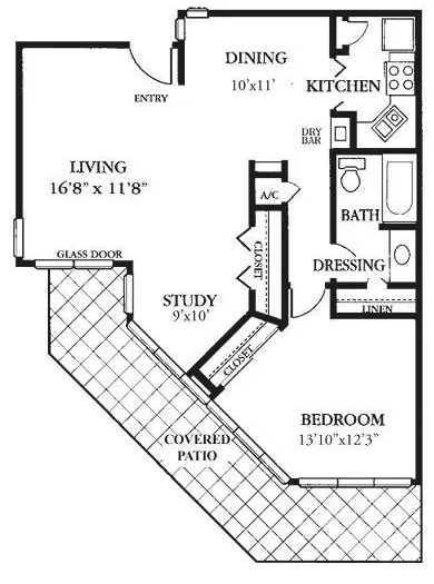 A floor plan of a one-bedroom apartment featuring a living area, kitchen, bathroom, study, and enclosed patio.
