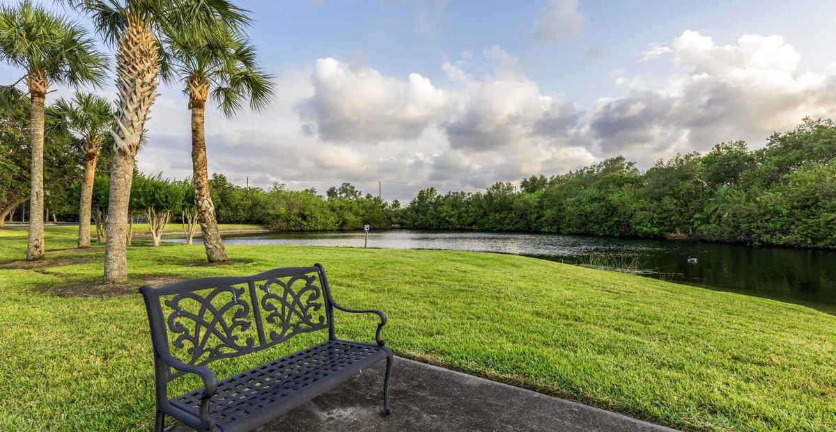 A peaceful lakeside view with a bench, lush grass, and a picturesque sky.
