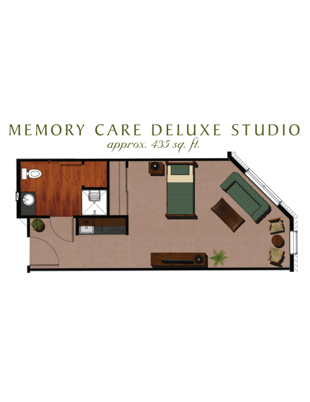Memory Care Deluxe Studio apartment floor plan with an area of approximately 353 sq ft.