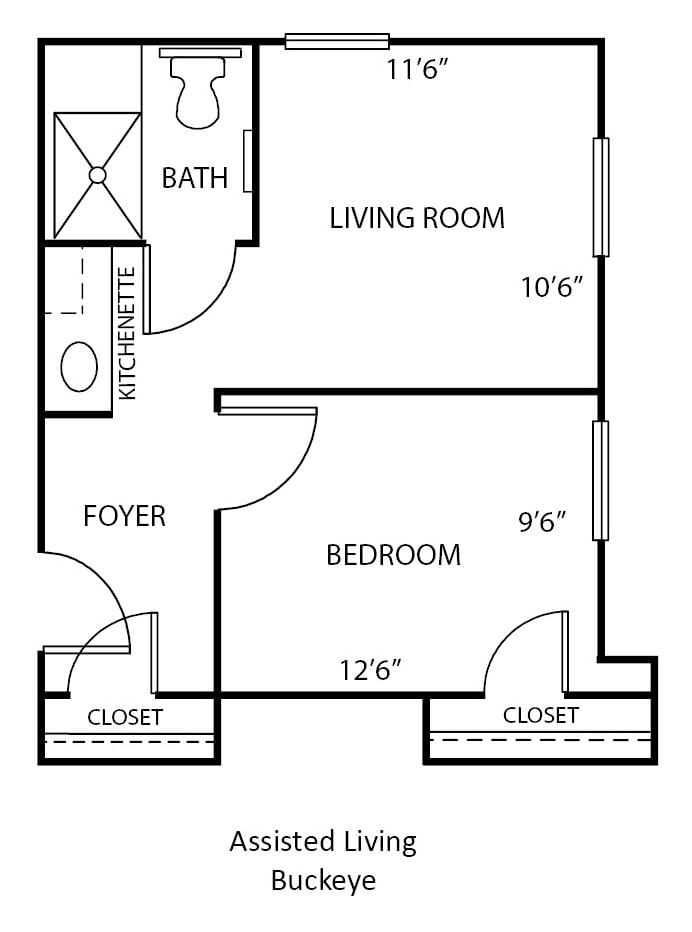 A simple floor plan of a one-bedroom apartment featuring a living room, bedroom, bathroom, foyer, and closets.