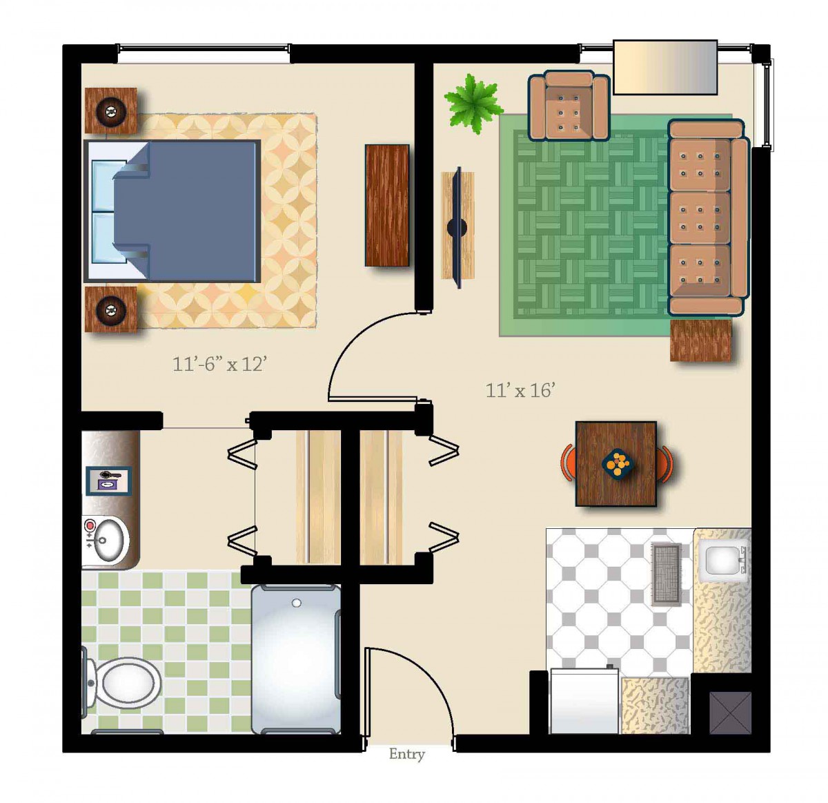 A simple one-bedroom apartment floor plan featuring a living room, kitchen, and bathroom.
