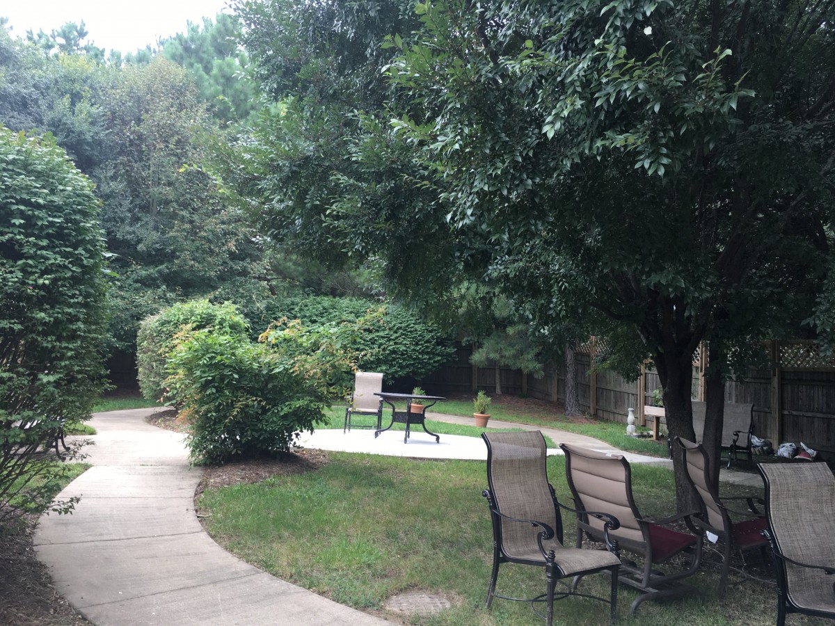 A tranquil garden scene with a winding pathway, surrounded by lush greenery and outdoor seating.