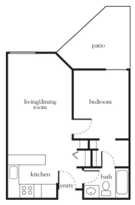 A simple floor plan showing the layout of an apartment with a living/dining room, bedroom, patio, and entryway.