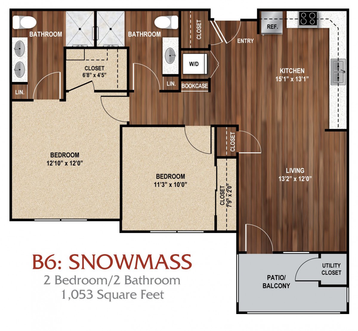 Floor plan of the B6: Snowmass apartment featuring 2 bedrooms and 2 bathrooms with a total space of 1,053 square feet.