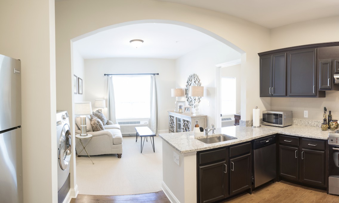 A modern open-concept living room and kitchen with bright natural lighting.