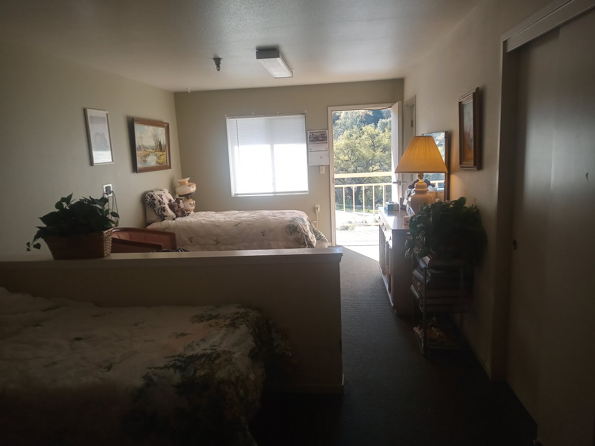A cozy bedroom with two beds, decorated with plants and a lamp, featuring a window and access to a balcony.